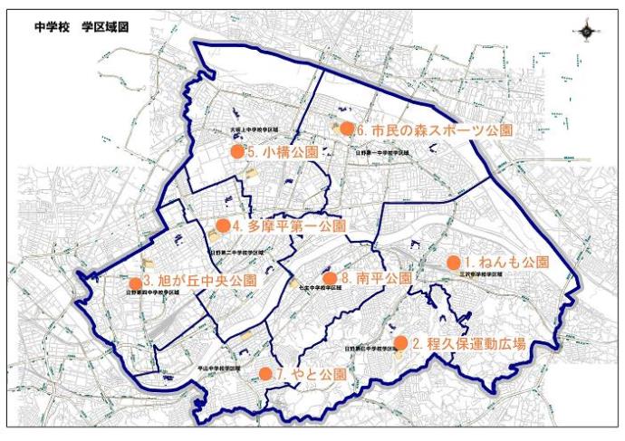地図:中学校 学区域図 市内放射線量測定箇所