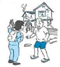 イラスト:災害後に安否を確認しあう人たち