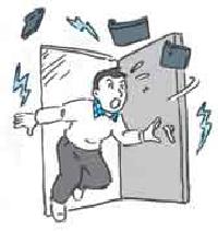 イラスト:ドアを開けて落下物に驚く男性