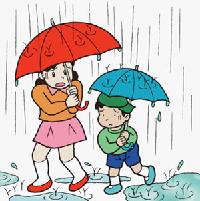 イラスト:濡れないように必死に傘をさす兄弟