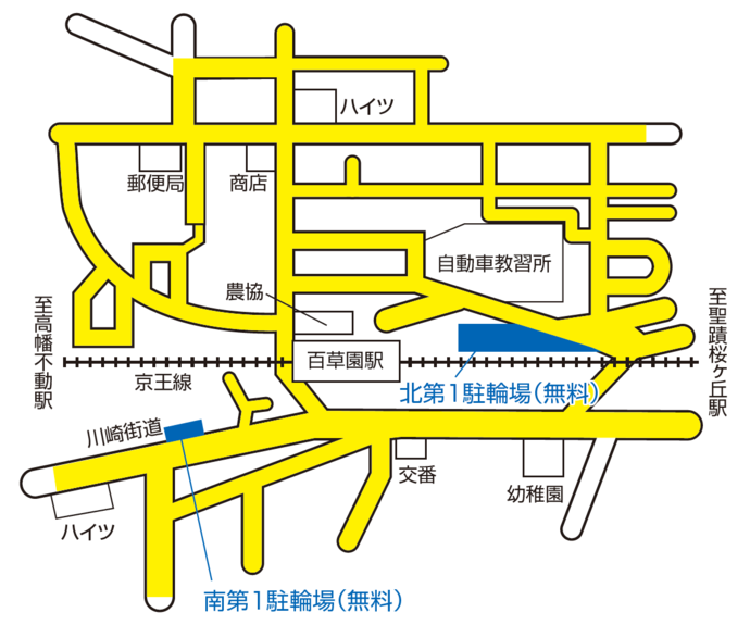 図:百草園駅付近の駐輪場位置および放置禁止区域
