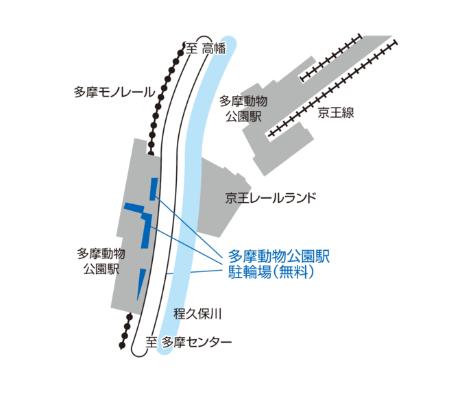 図:多摩動物公園駅付近の駐輪場位置および放置禁止区域