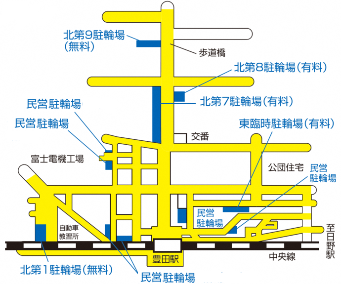 図:豊田駅北口付近の駐輪場位置および放置禁止区域