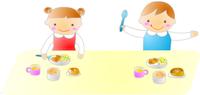 イラスト:ごはんをたべようとする園児二人