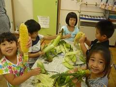 トウモロコシの皮むき写真