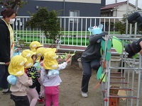 2歳児うさぎ組がコアラにユーカリをあげている写真