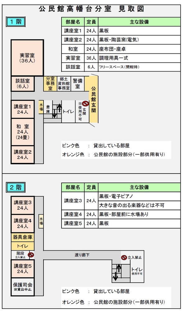 高幡台分室見取り図1階 講座室1(定員24名)講座室2(定員24名)和室(定員24名)実習室(定員36名)談話室(定員6名) 2階講座室3(定員24名)講座室4(定員24名)講座室5(定員24名)