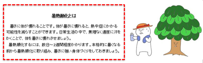 暑熱順化とは 暑さに体が慣れることです。本格的に暑くなる前から暑熱順化に取り組み、暑さに強い身体づくりをしておきましょう。