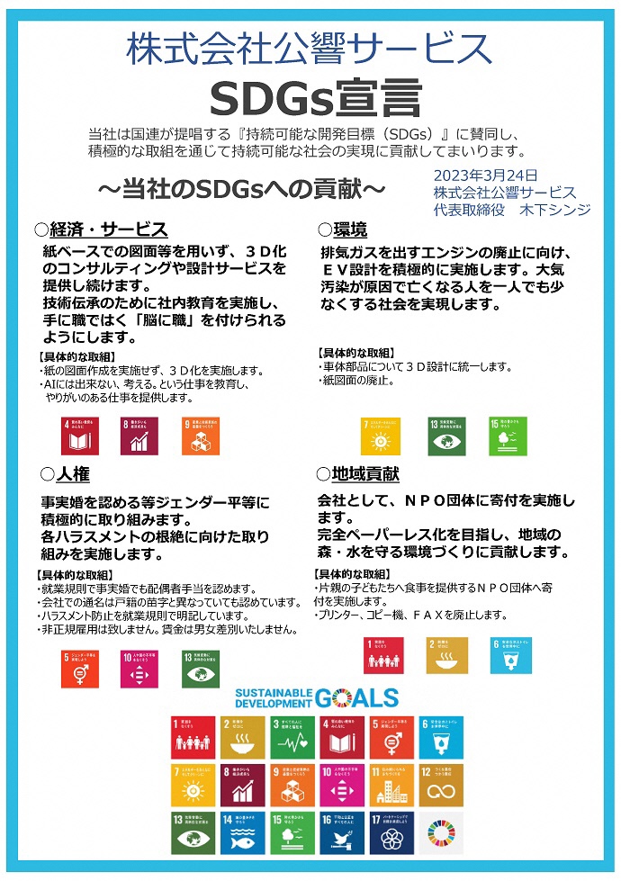 株式会社公響サービス SDGs宣言 当社は国連が提唱する『持続可能な開発⽬標(SDGs)』に賛同し、積極的な取組を通じて持続可能な社会の実現に貢献してまいります。 2023年3⽉24⽇ 株式会社公響サービス 代表取締役⽊下シンジ  当社のSDGsへの貢献  経済・サービス 紙ベースでの図⾯等を⽤いず、3D化 のコンサルティングや設計サービスを 提供し続けます。 技術伝承のために社内教育を実施し、 ⼿に職ではく「脳に職」を付けられる ようにします。 環境 排気ガスを出すエンジンの廃⽌に向け、 EV設計を積極的に実施します。⼤気 汚染が原因で亡くなる⼈を⼀⼈でも少 なくする社会を実現します。 ⼈権 事実婚を認める等ジェンダー平等に 積極的に取り組みます。 各ハラスメントの根絶に向けた取り 組みを実施します。 地域貢献 会社として、NPO団体に寄付を実施し ます。 完全ペーパーレス化を⽬指し、地域の 森・⽔を守る環境づくりに貢献します。