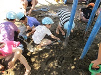 5歳児が泥んこ遊びで土を掘っている様子の写真です。
