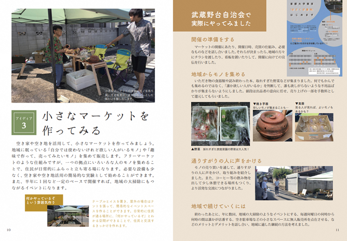 画像:「空き家」や「空き地」をフリーマーケットに利活用した武蔵野台自治会での事例紹介(「空き家まちづくりガイドブック」2018年・東京都立大学教授 饗庭伸氏監修)