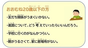 おおむね20歳以下の方 ・友達関係がうまくいかない。 ・進路について、どう考えていったらいいんだろう。 ・学校に行くのがなんかつらい。 ・親がうるさくて、家に居場所がない。