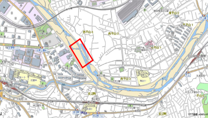 地図:イノシシの出没範囲(赤く囲った範囲)