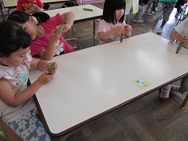 そら豆の皮をむく5歳児の写真