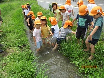 用水路で遊ぶ子どもの写真
