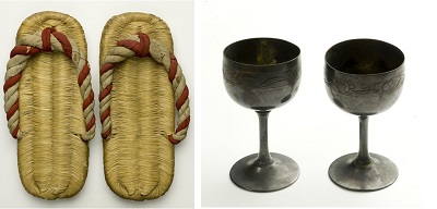 渡り初めに使われた草履と記念の銀杯の写真