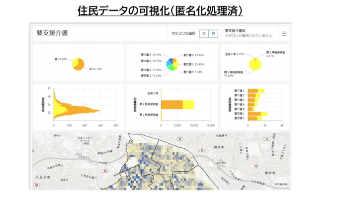 住民データの可視化例を挙げています。匿名化された情報がグラフやチャートで表されており、データの傾向や特徴が一目でわかるレイアウトです。