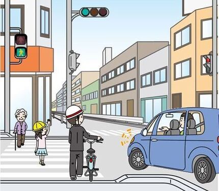 横断歩道で自転車を降りて押して渡っている図