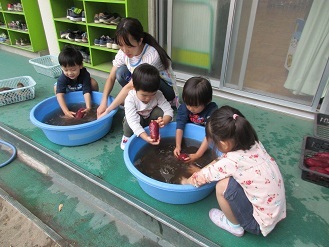 3歳児芋洗いの様子の写真