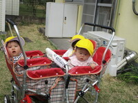 バギーに乗って外気浴をしている様子の写真