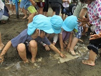 どろんこに足を使って遊んでいる様子の写真