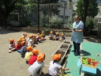子ども達と先生がえだまめの苗を植えている写真