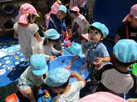 乳児が水遊びwしている洋右の写真