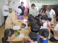 鍋の中をのぞく子どもたち