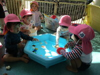 1歳児が水遊びしている様子