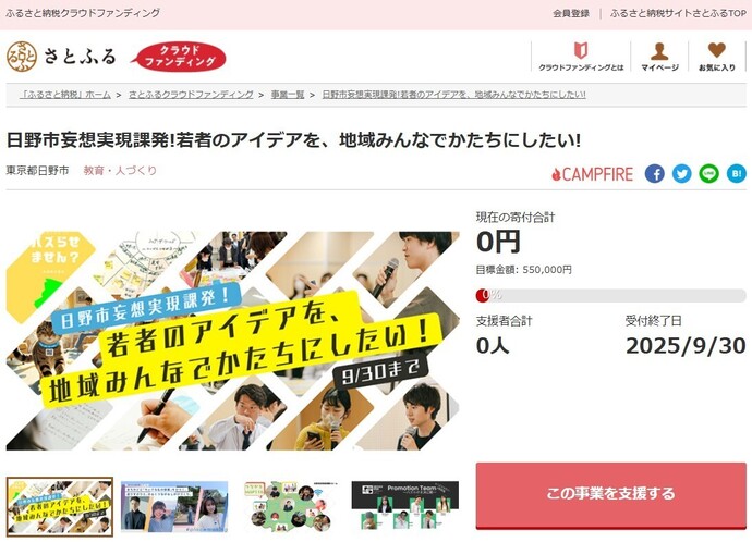 クラウドファンディングの画面の画像