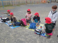 4歳児が園庭でお弁当を食べている写真